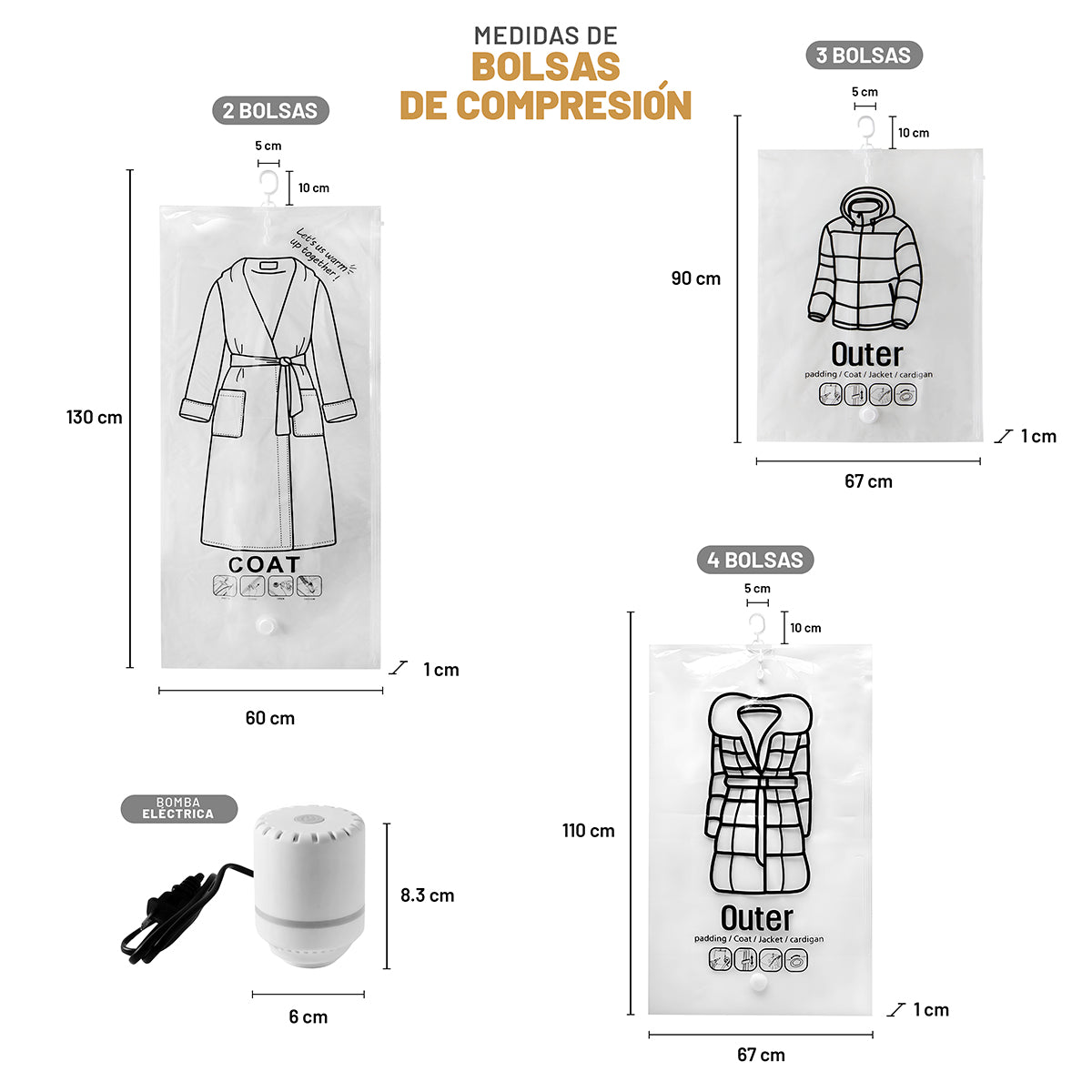 Bolsas Colgantes de Almacenamiento al Vacío - Set de 9 Bolsas con Bomba Eléctrica