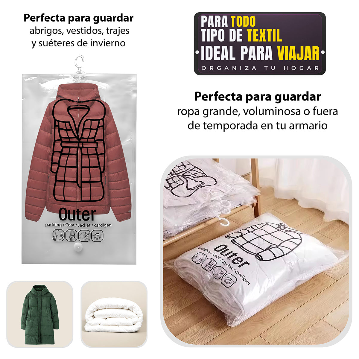 Bolsas Colgantes de Almacenamiento al Vacío - Set de 9 Bolsas con Bomba Eléctrica