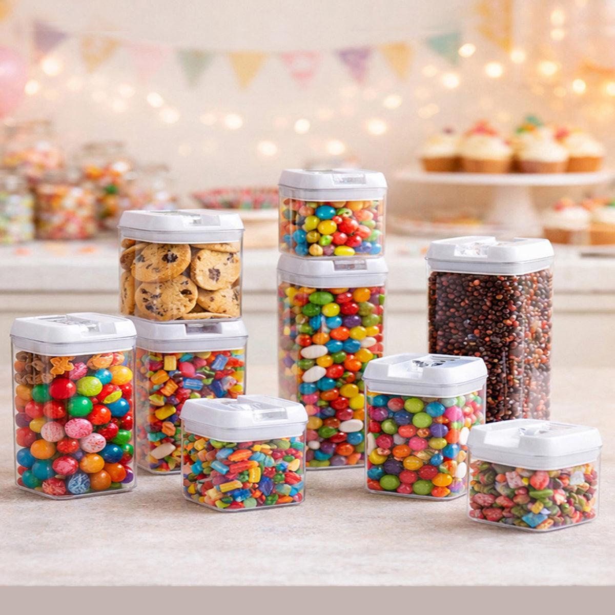 Cocina organizada con 9 contenedores transparentes de tapa blanca guardando cereales, pastas y granos