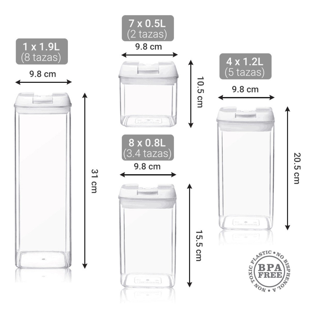 Demostración de apilado modular y ahorro de espacio con las 20 piezas del set hermético AG Box