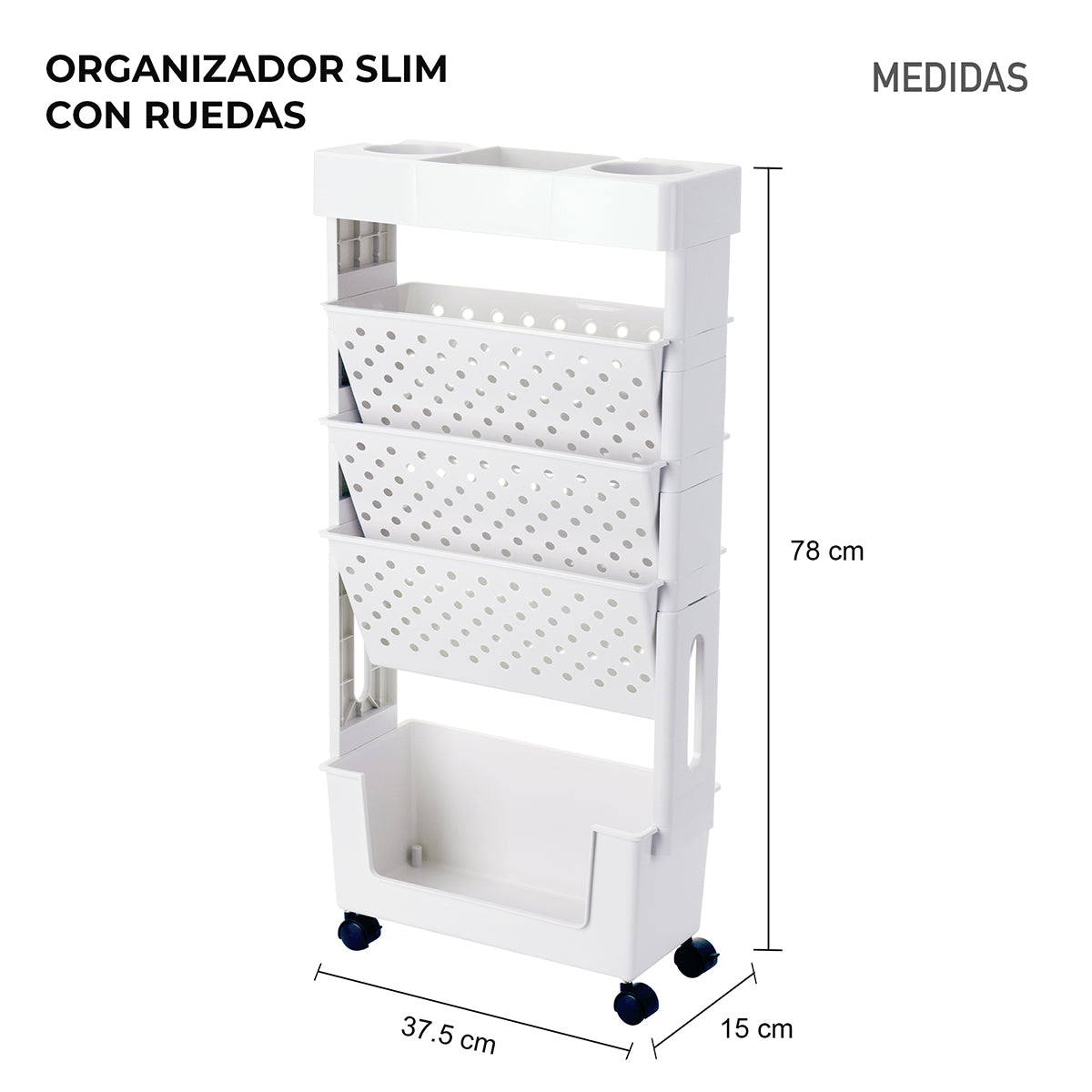 Dimensiones del organizador slim con 14 cm de ancho y altura de 4 niveles
