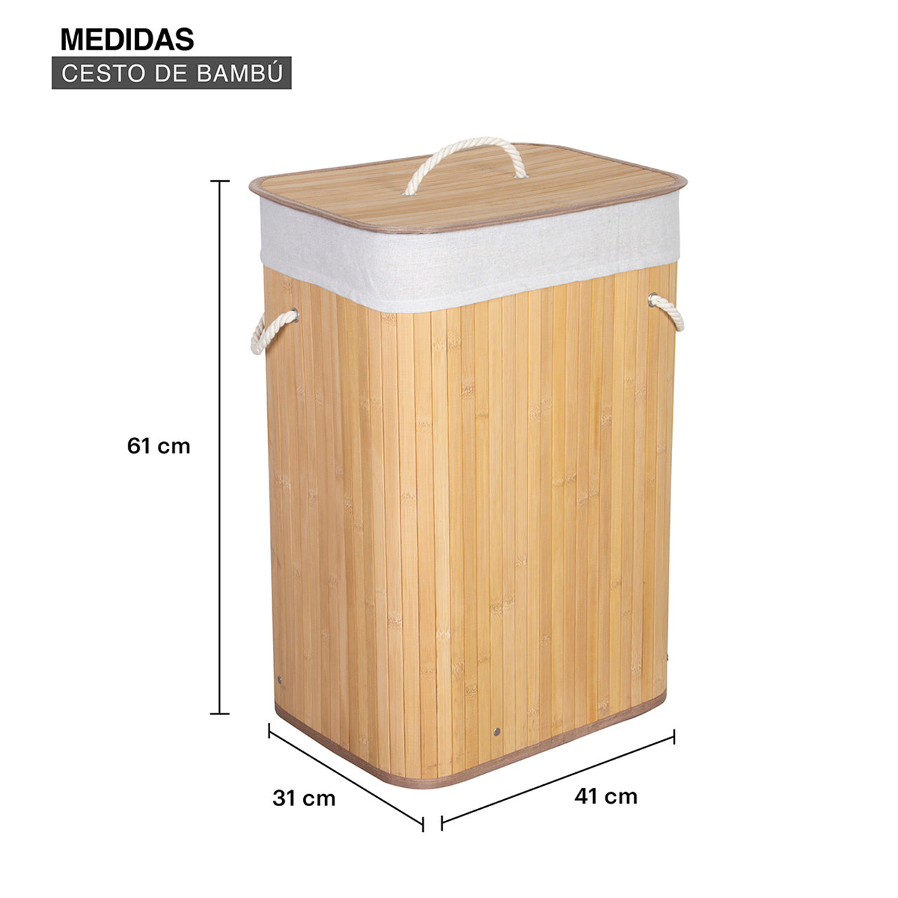 Esquema dimensional del cesto de bambu AG Box especificando altura de 60 cm, ancho de 40 cm y profundidad de 30 cm