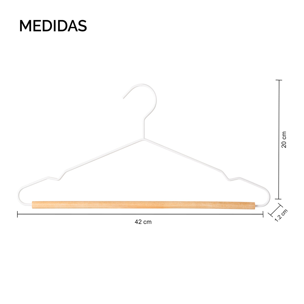 Esquema técnico con dimensiones del gancho (42x20 cm) resaltando el diseño ergonómico para la protección de hombros en la ropa