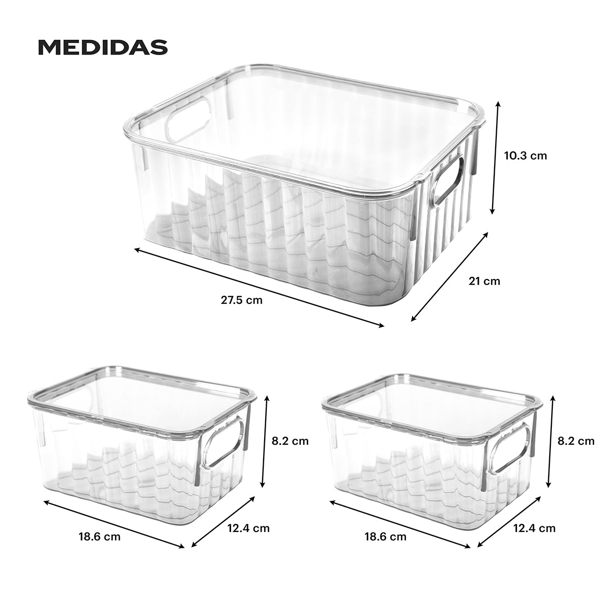Esquema técnico con dimensiones: un contenedor de 27.5x21x10.3 cm y dos de 18.6x12.4x8.2 cm con detalle de volumen