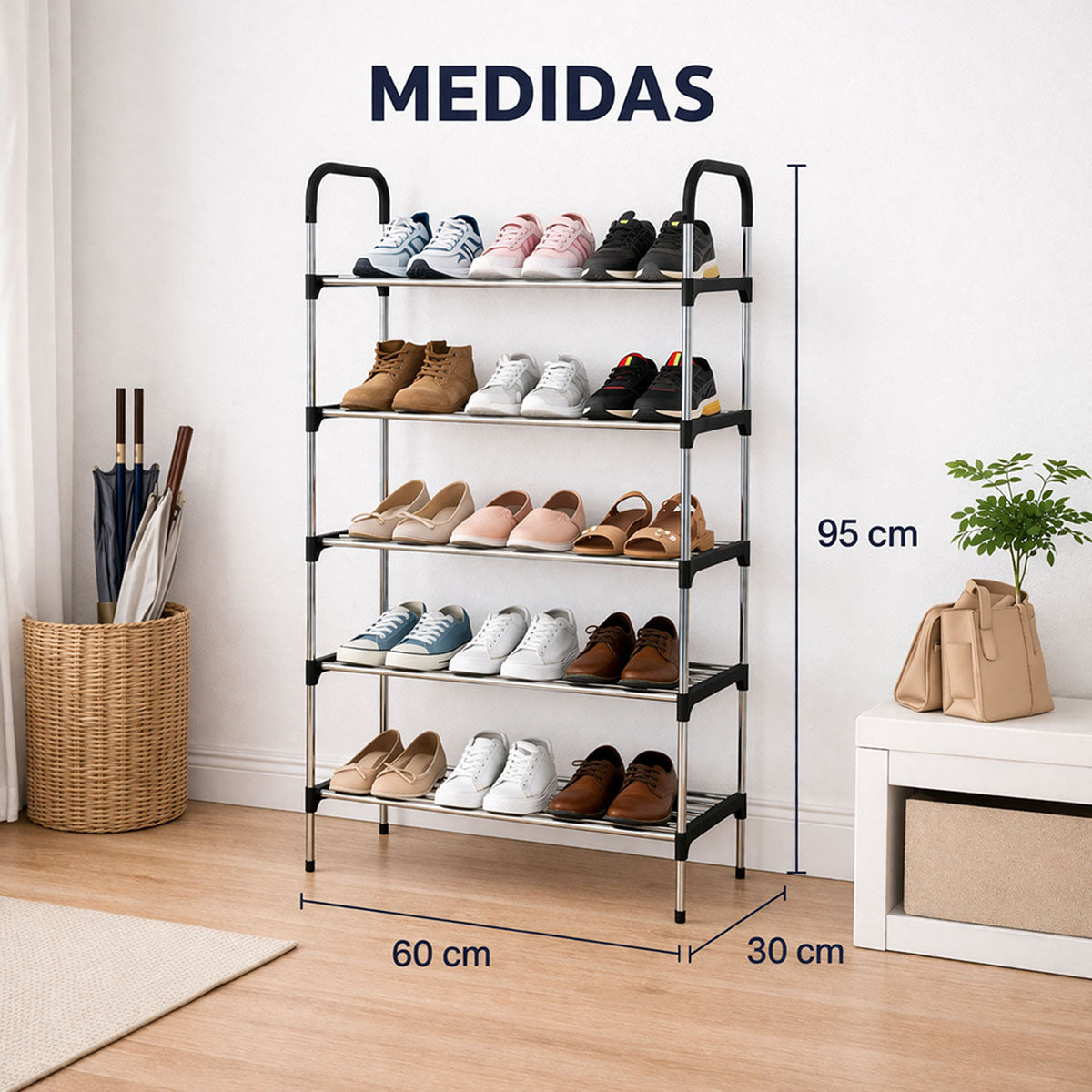Estante para zapatos de acero con diseño slim de 30cm de profundidad para ahorro de espacio