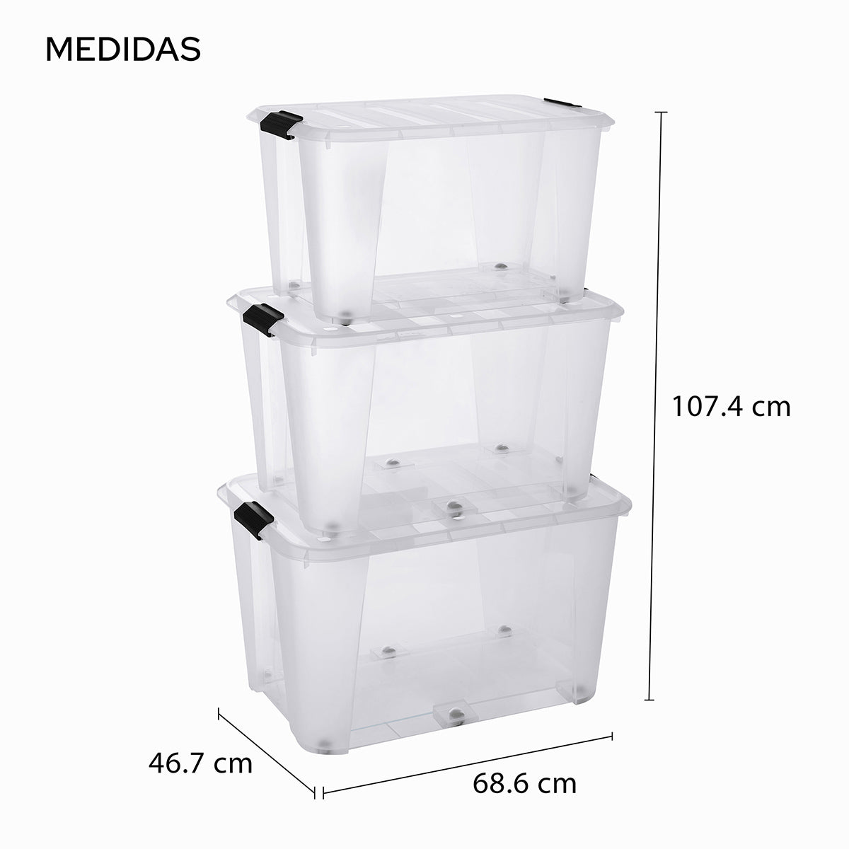 Infografía técnica detallando las dimensiones y volúmenes de las tres cajas del set: 52 litros, 70 litros y 90 litros