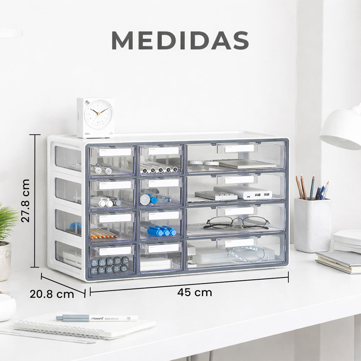 Infografia de dimensiones de la cajonera de plastico Sysmax 45 cm x 20.8 cm x 27.8 cm