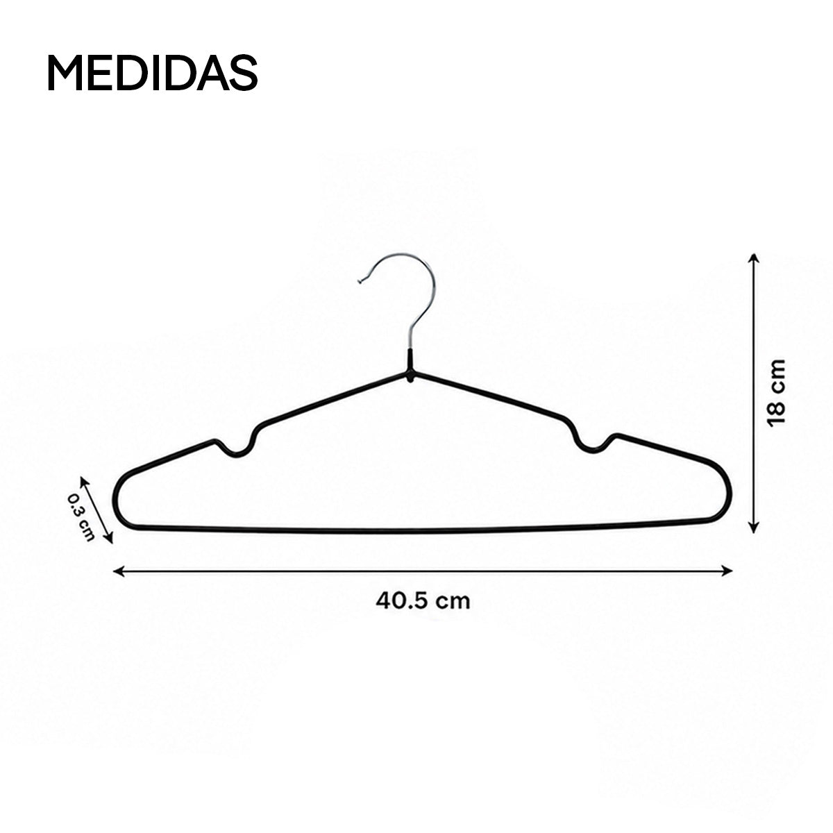 Infografia de dimensiones del gancho de metal delgado 41 cm de largo y perfil ultra slim