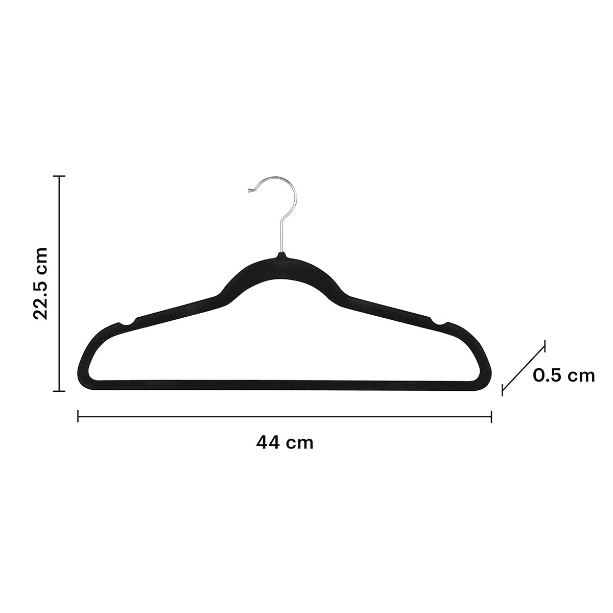 Infografia de dimensiones del gancho de terciopelo 44 cm de largo y perfil ultra slim de 0.5 cm