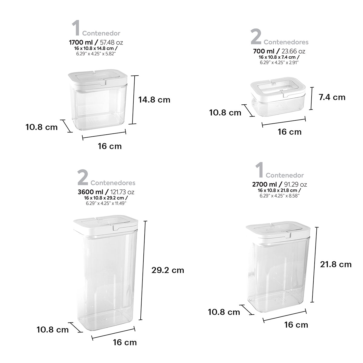 Infografía de medidas y capacidades del set 6 piezas AG Box: 3.6L, 2.7L, 1.7L y 0.7L