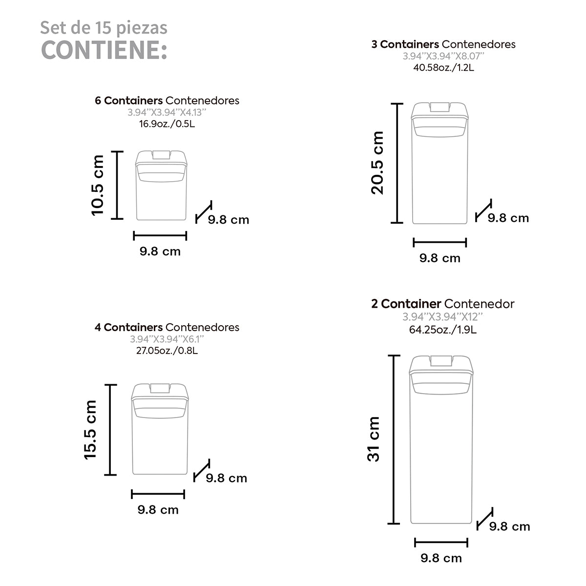Infografia detallada con las alturas de los 4 tamaños de contenedores de cocina desde 10.5 cm hasta 31 cm