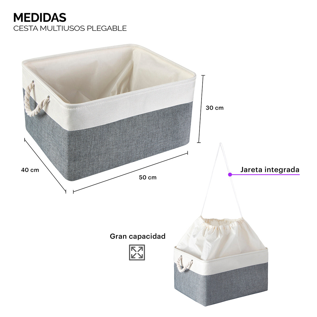 Infografia detallada con las medidas de la canasta para ropa de tela 50 cm de alto 40 cm de largo y 30 cm de ancho