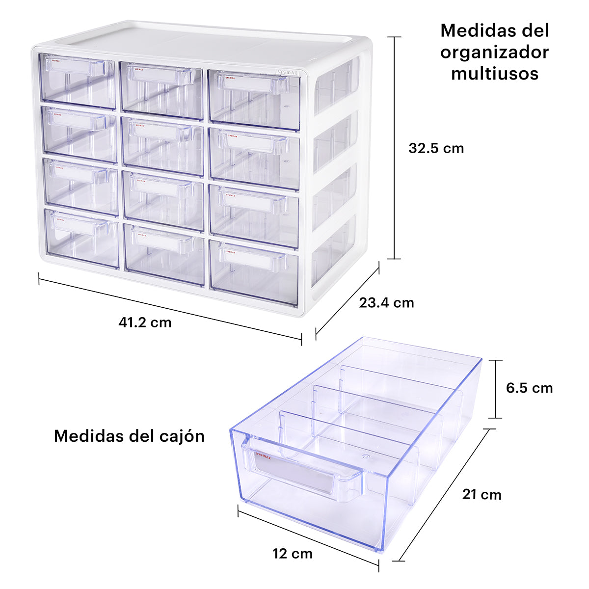 Infografia tecnica con las dimensiones detalladas del Organizador Multibox de 12 gavetas, resaltando su diseño compacto para optimizacion de espacio en estaciones de trabajo