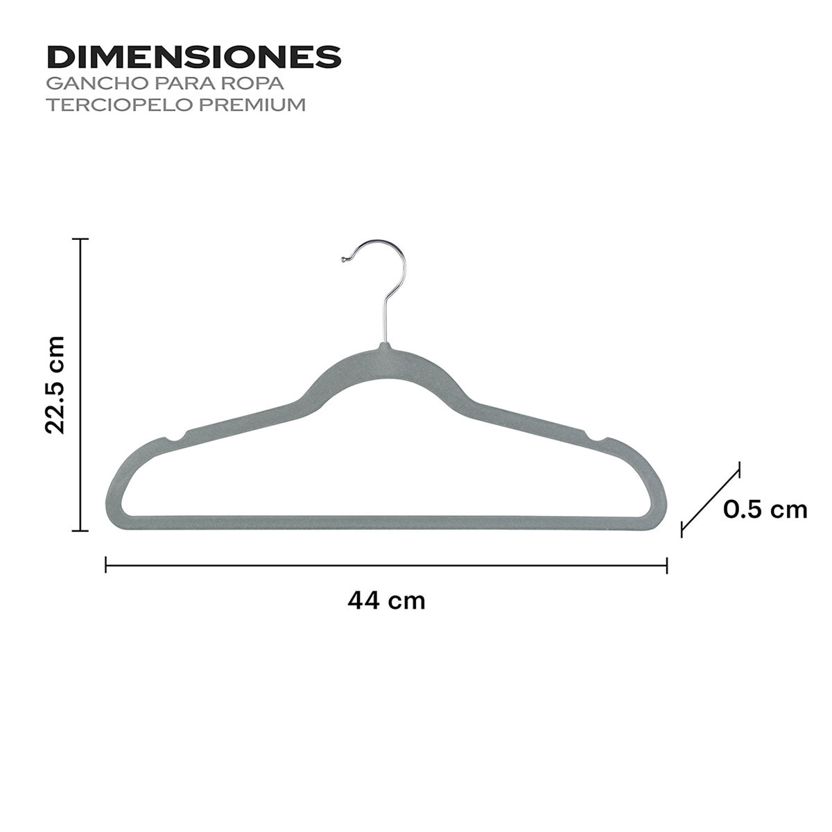 Medidas de los ganchos de terciopelo 44 x 22.5 cm con perfil ultra delgado de 0.5 cm para ahorro de espacio