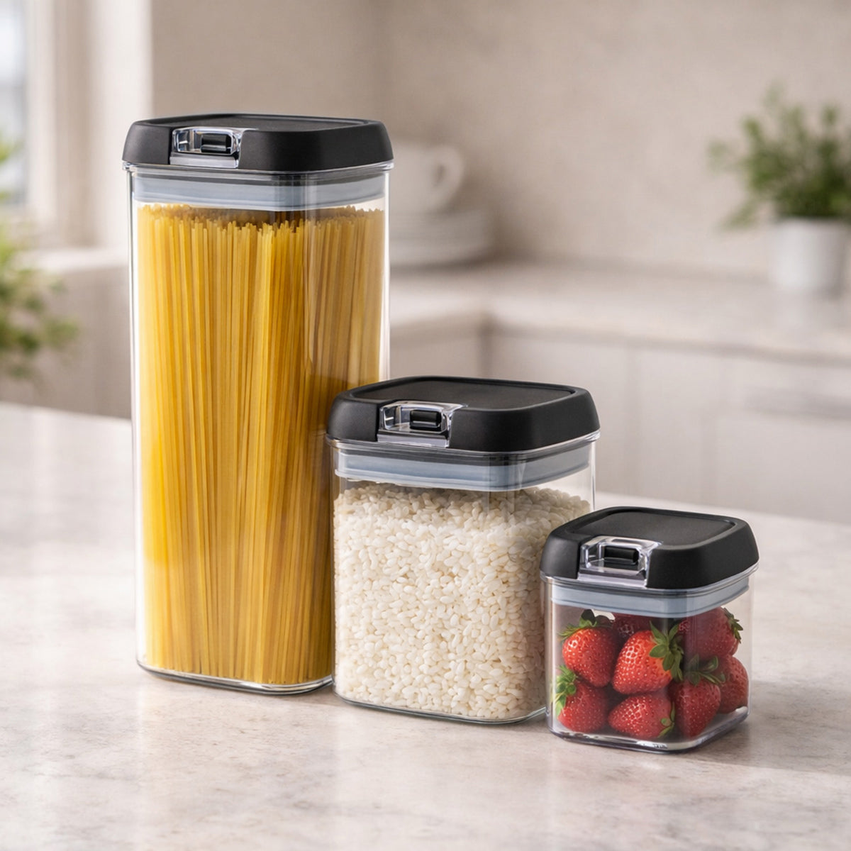 Organizador de despensa con contenedores apilables llenos de cereales pastas y granos
