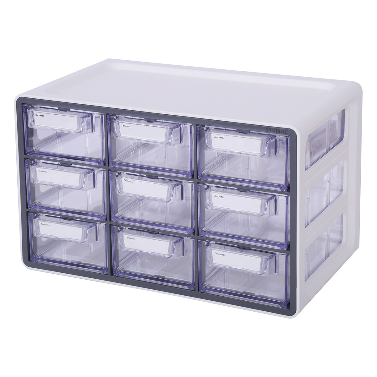 Organizador de escritorio mini cajonera de 9 gavetas transparentes con cuerpo blanco minimalista sobre fondo blanco de AG Box