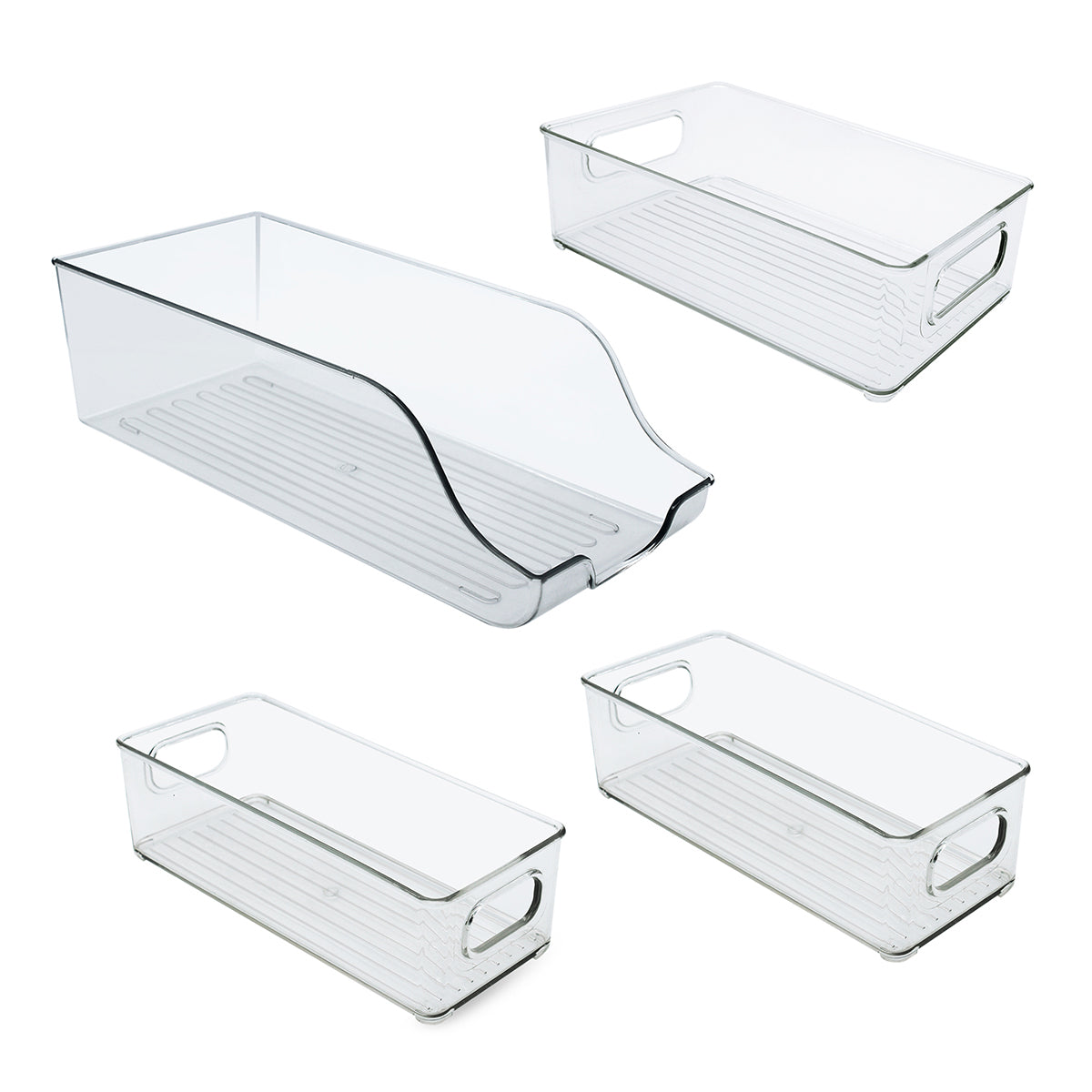 Set de 4 organizadores de refrigerador de acrlico transparente con asas y diseño apilable ahorrador de espacio