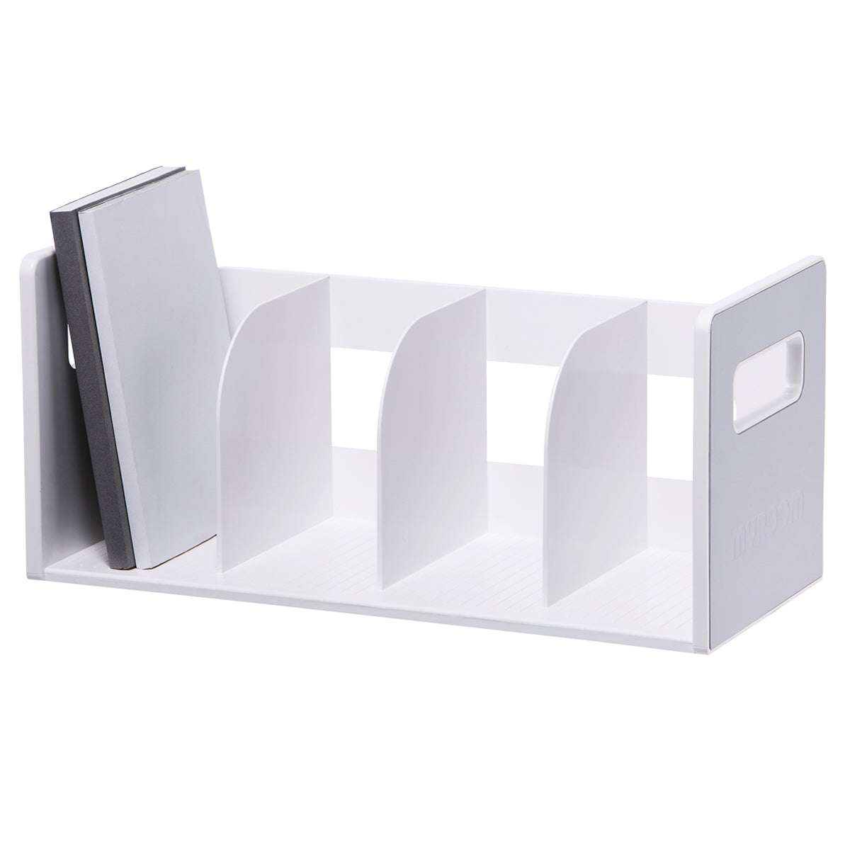 Soporte de escritorio industrial AG Box en color azul marino, diseñado para la organizacion de materiales de consulta de alta densidad