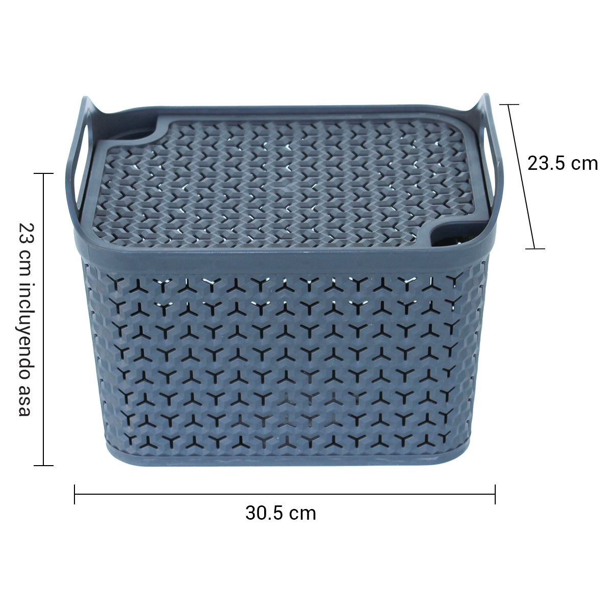 Infografia tecnica de la cesta compacta Strata S gris detallando dimensiones exactas de base y altura para sistemas de estantería y gavetas