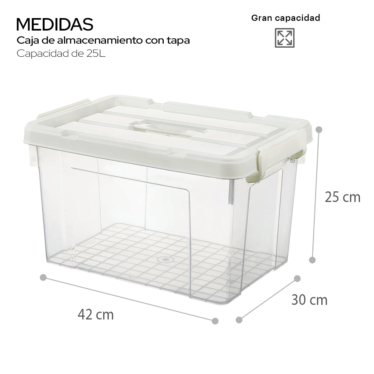 "Caja de almacenamiento con tapa y asas de seguridad Transparente Cap 25 L."