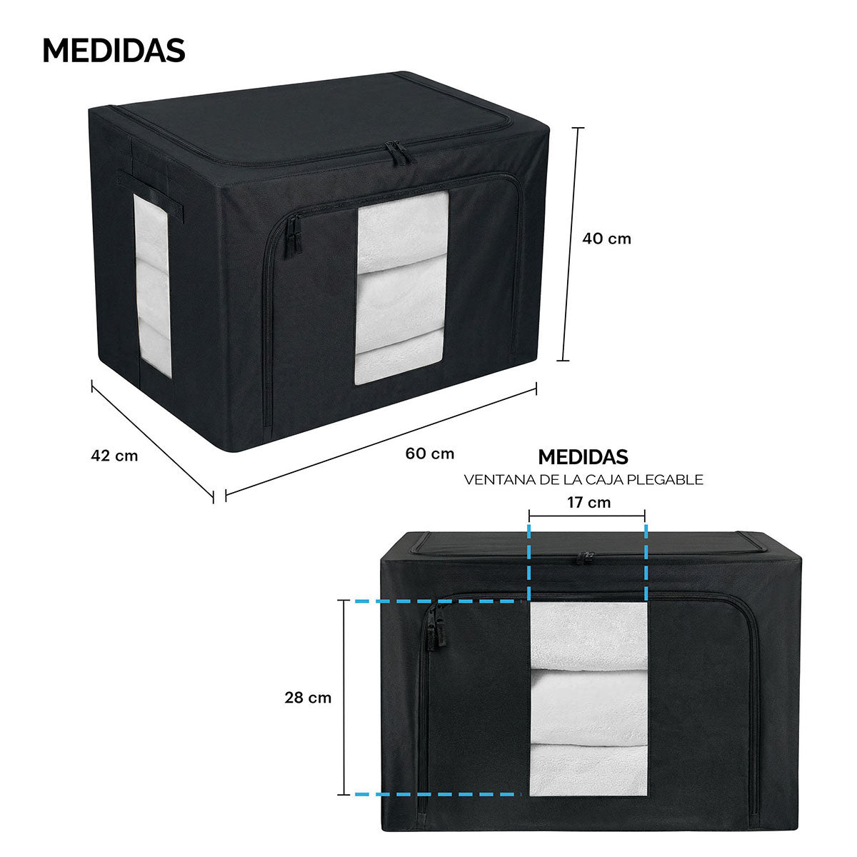 Infograafía de las medidas de la caja organizadora de ag box 