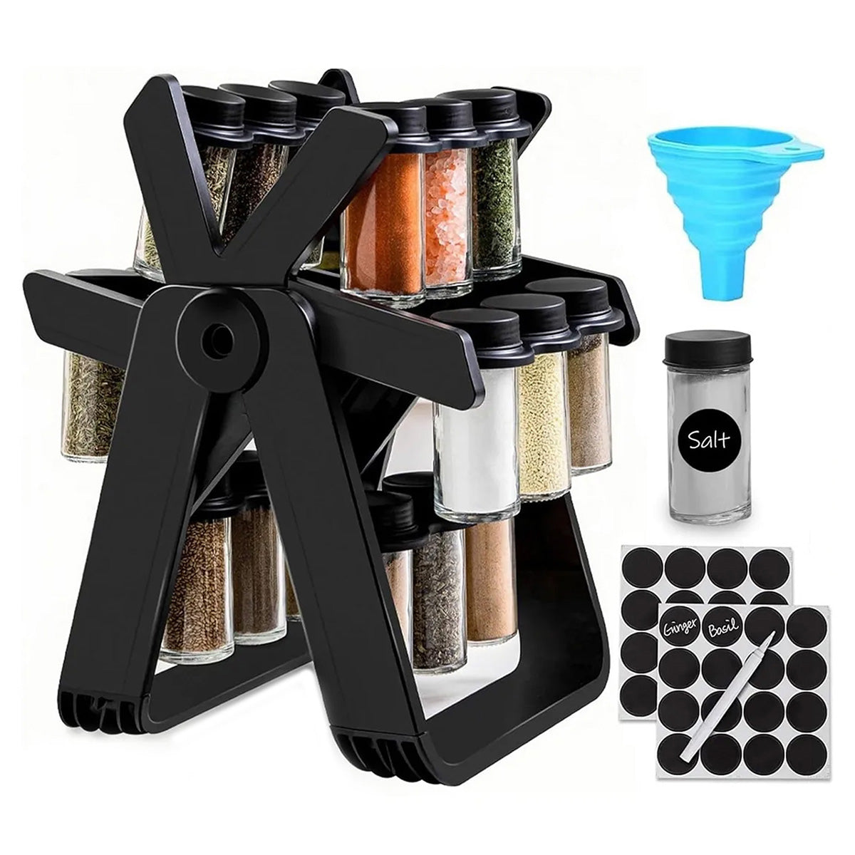 Especiero giratorio DEUS KITCHEN | 18 frascos, etiquetas y embudo.