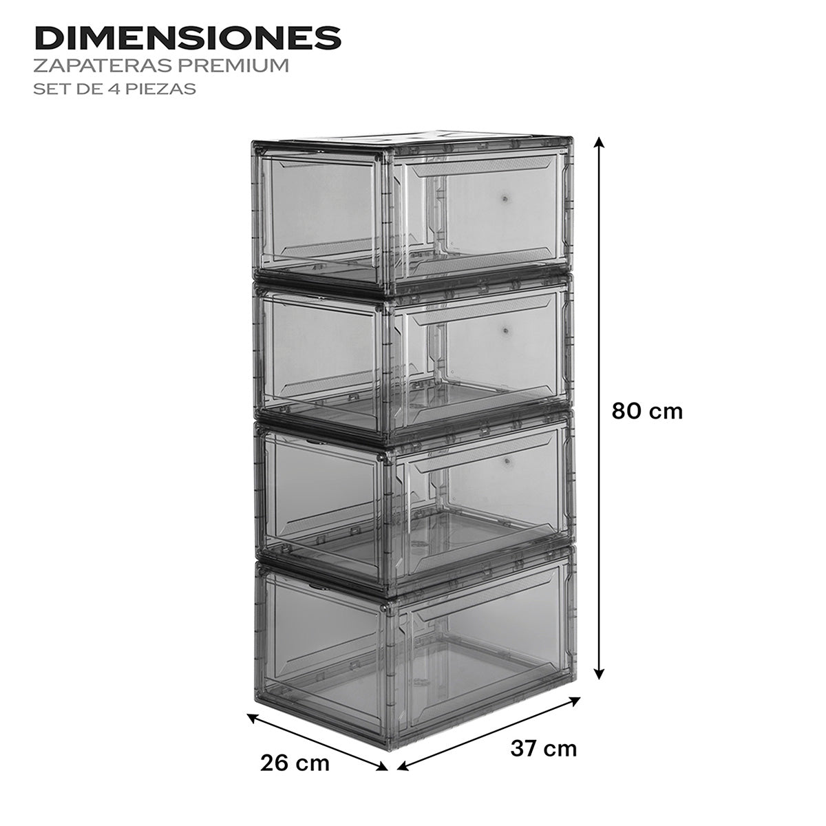 Cajas para zapatos apilables de alta resistencia en acabado transparente oscuro