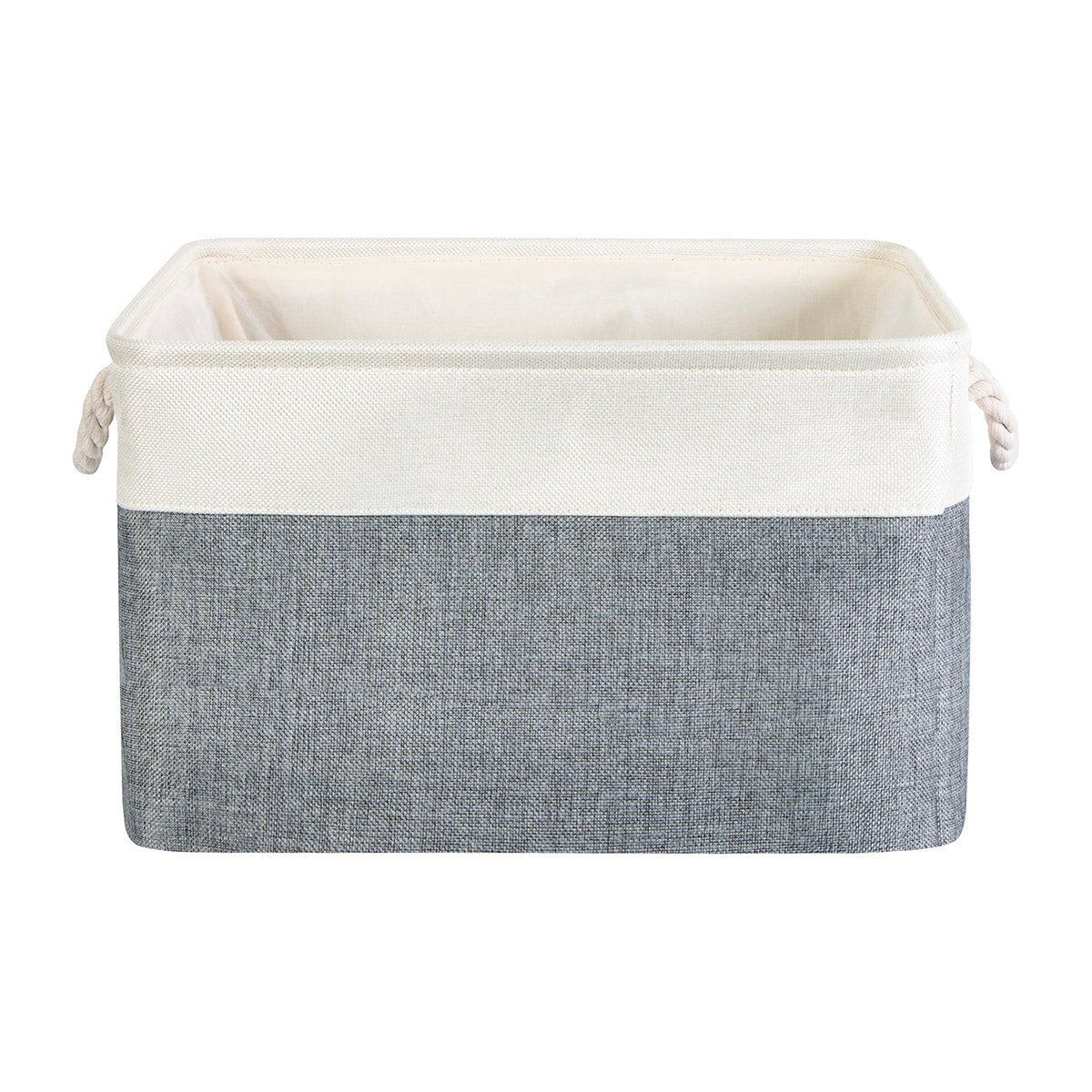 Cesto para ropa sucia plegable de tela resistente en color gris y blanco con asas reforzadas sobre fondo blanco