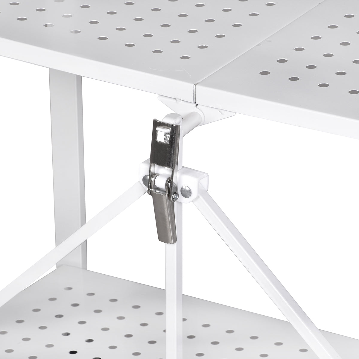 Detalle del broche de seguridad y sistema de apertura rapida del estante metalico plegable