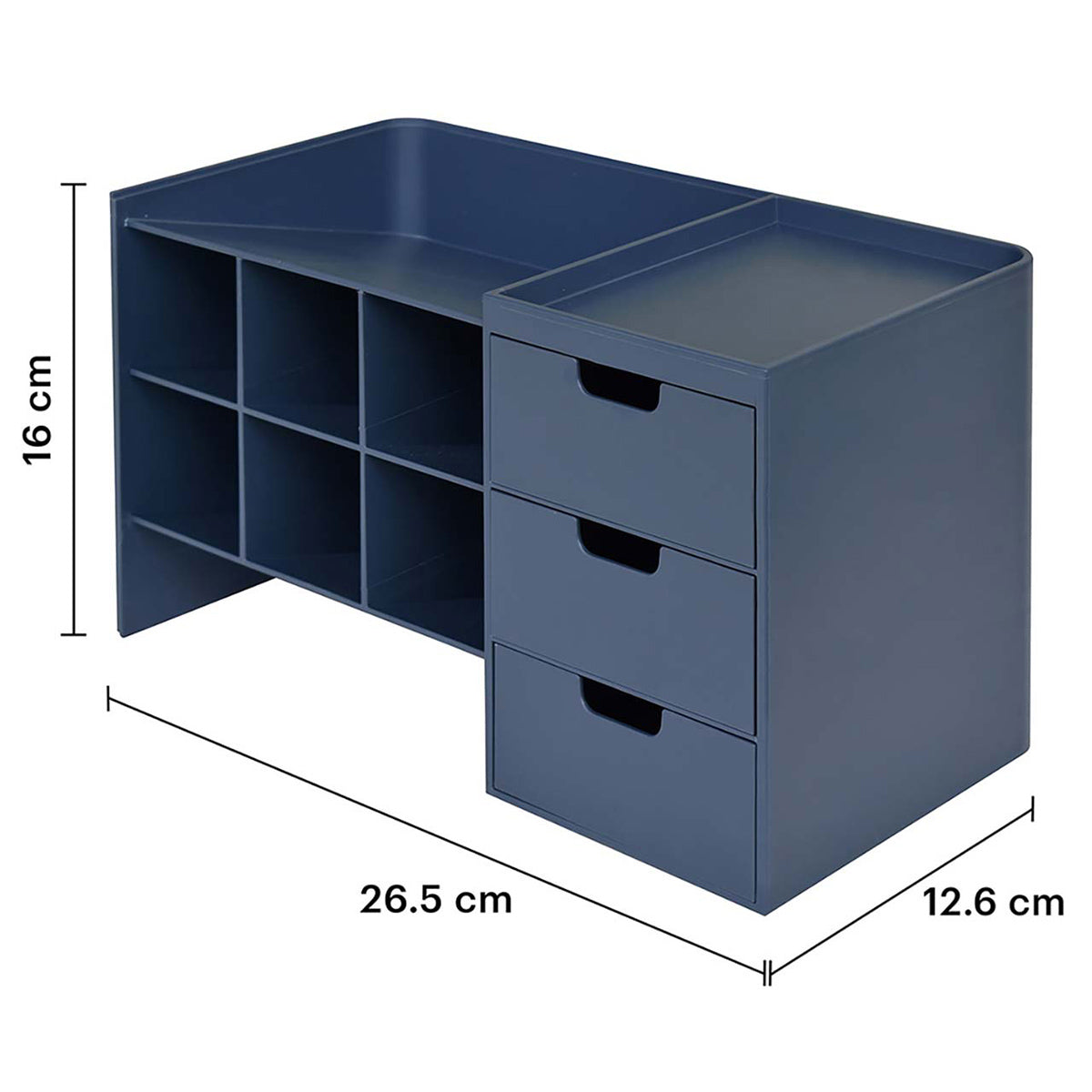 Diagrama de dimensiones: Alto 16 cm, Largo 26.5 cm y Fondo 12.6 cm del sistema organizador profesional