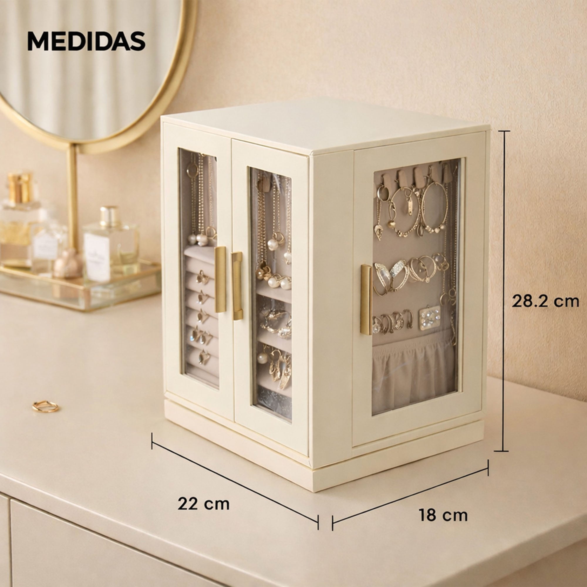 Dimensiones del alhajero grande AG Box 22 x 18 x 28 cm con compartimentos