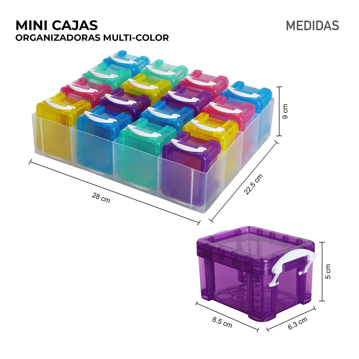 Dimensiones totales del organizador y medidas individuales de las gavetas de colores para clasificación