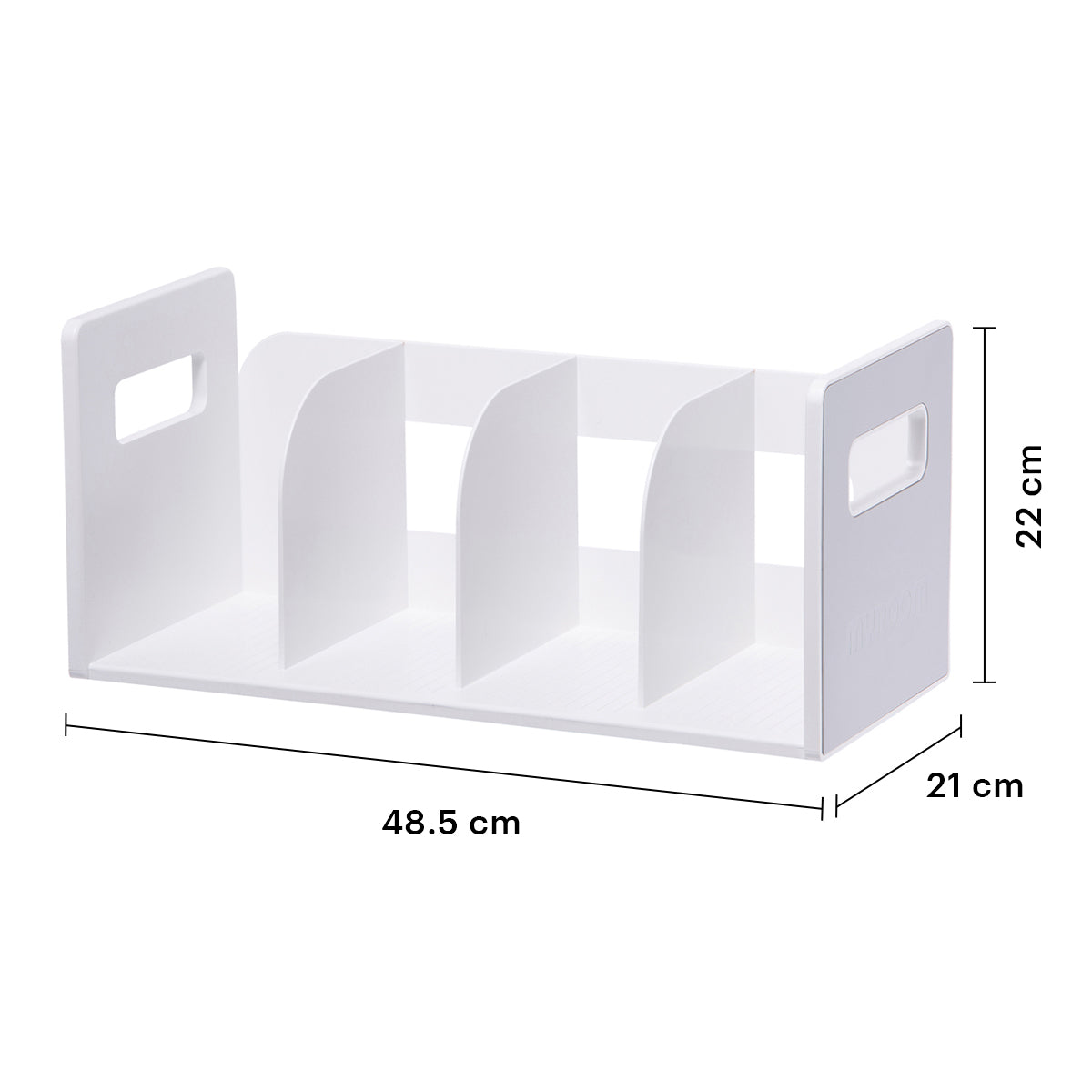 Especificaciones tecnicas del organizador blanco LITEM: 48.5 cm de ancho, optimizado para archivos tecnicos y estanterías de oficina