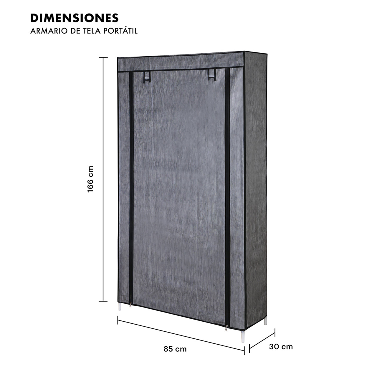 Esquema técnico detallando dimensiones: 166 cm de alto, 85 cm de ancho y 30 cm de profundidad con indicadores de los 9 niveles de carga