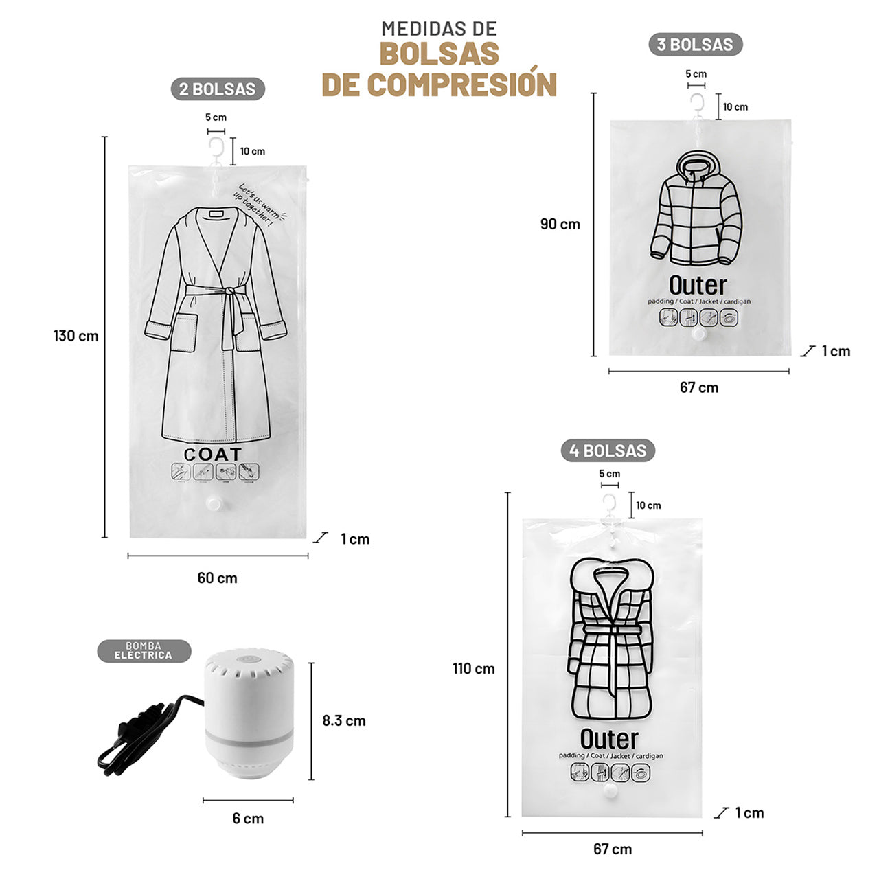 Esquema tecnico de dimensiones de las bolsas al vacio AG Box: 130x60cm, 110x67cm y 90x67cm para almacenamiento masivo
