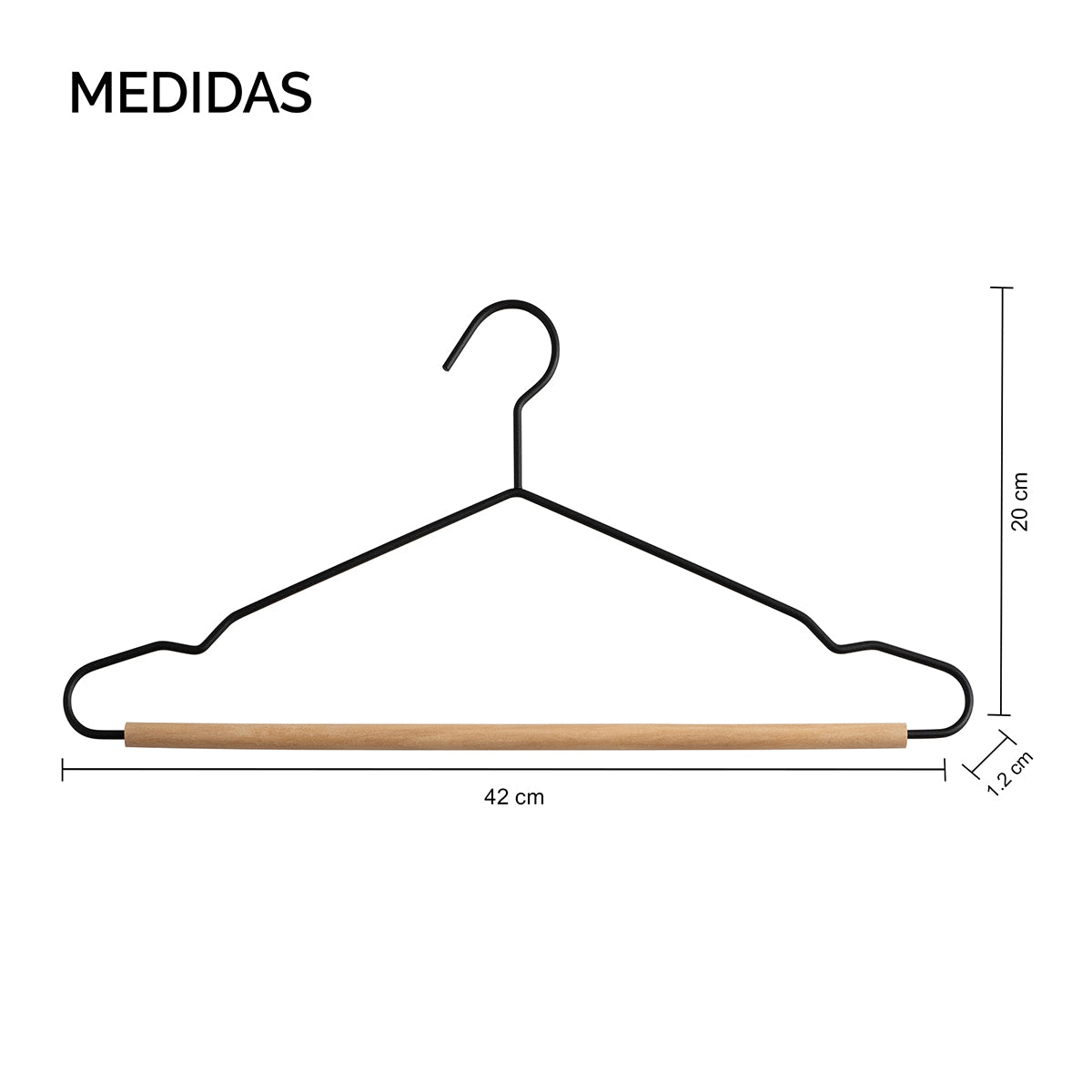 Esquema tecnico dimensional 42 cm de largo x 20 cm de alto del gancho individual, especificando su diseño compacto de alto rendimiento