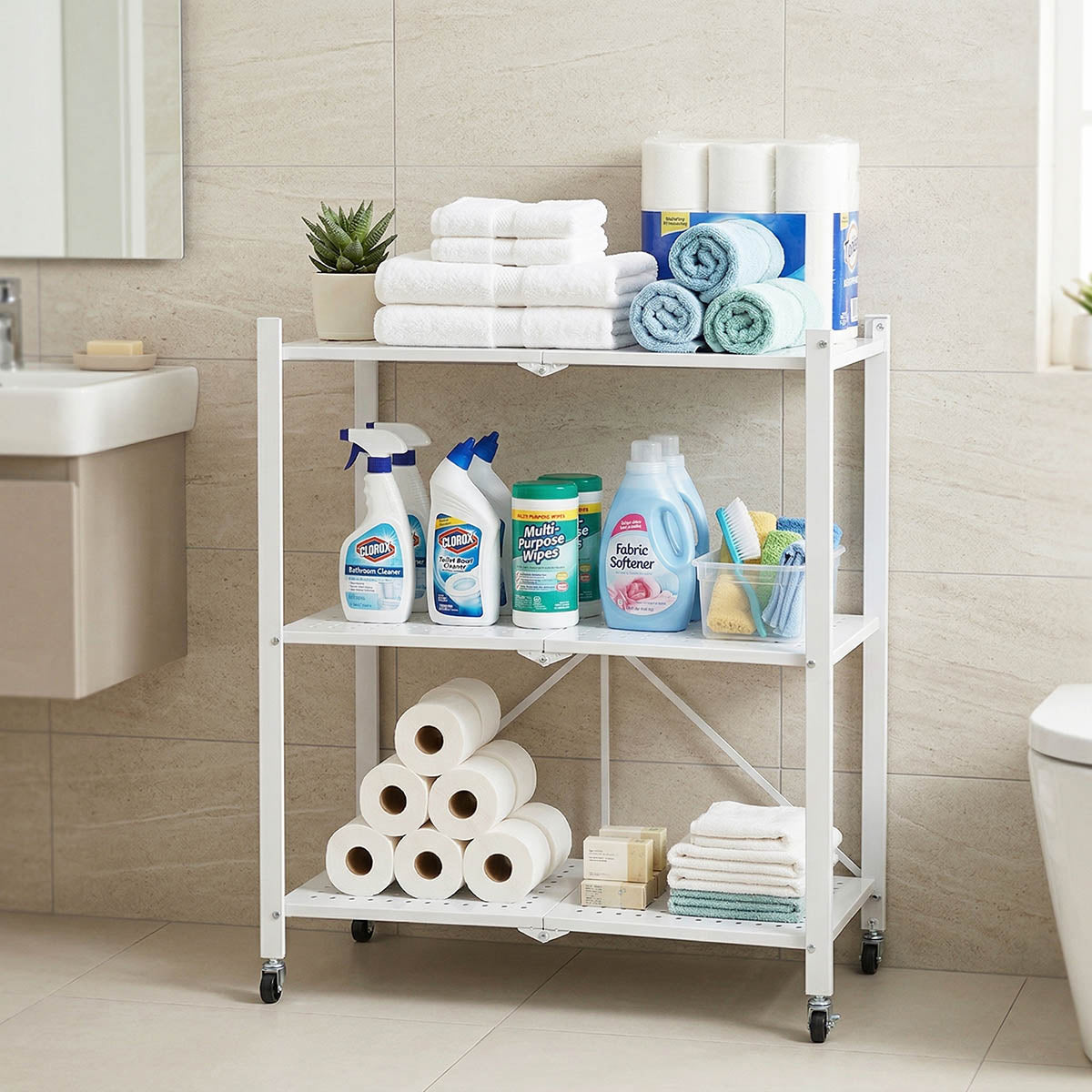 Estante de baño plegable AG Box blanco organizado con toallas y articulos de aseo