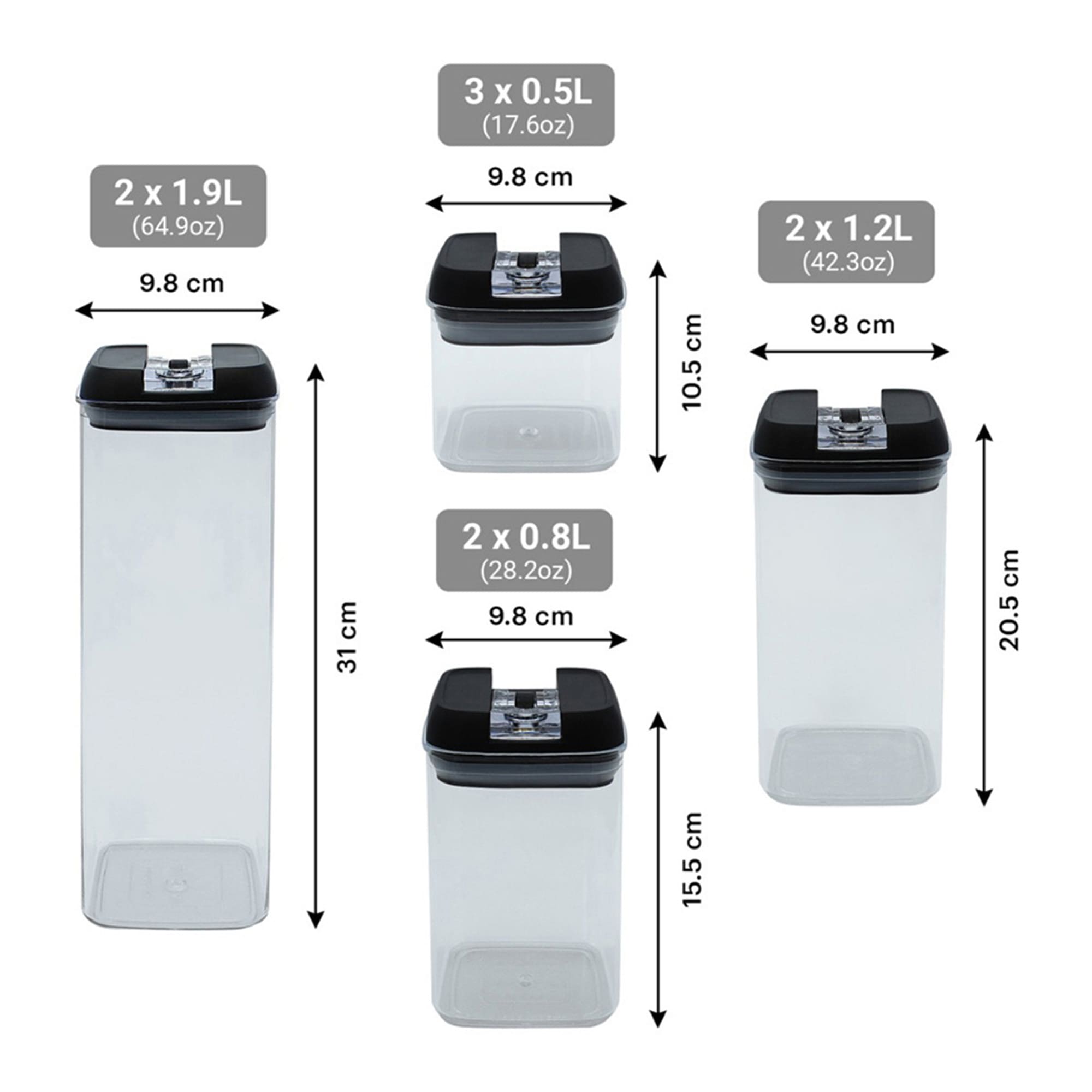 Guía de medidas set 7 piezas AG Box: capacidades de 1.9L a 0.5L para alacena