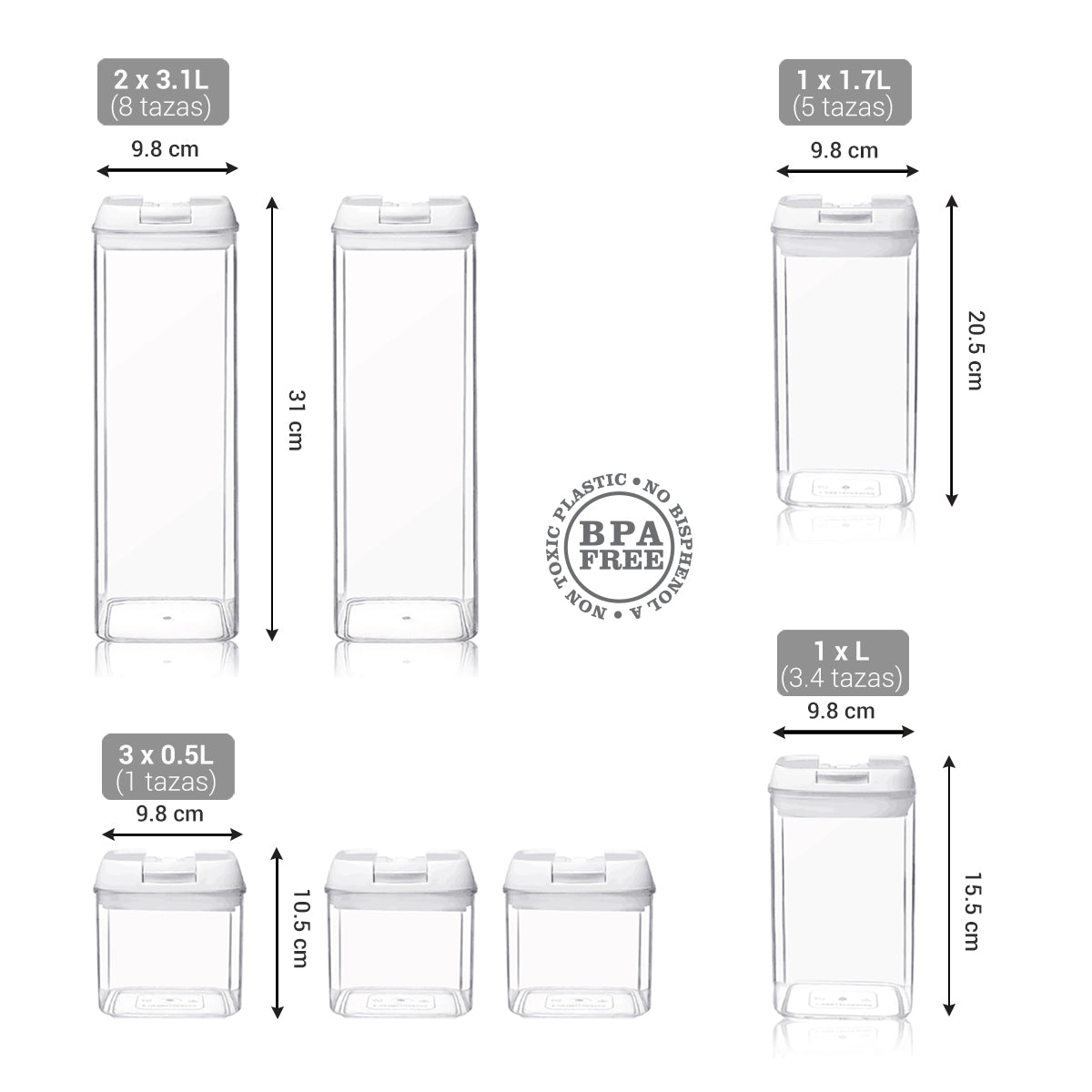 Guía de medidas set 7 piezas AG Box tapa blanca: capacidades de 1.9L a 0.5L para alacena