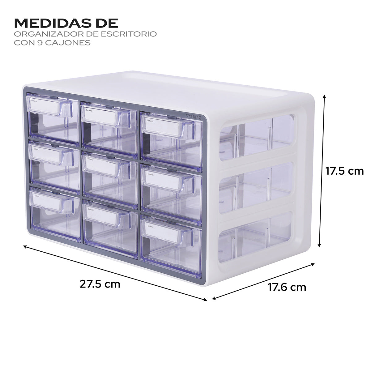 Infografía con las dimensiones del organizador blanco: 17.5 cm de alto, 27.5 cm de largo y 17.6 cm de profundidad para escritorio