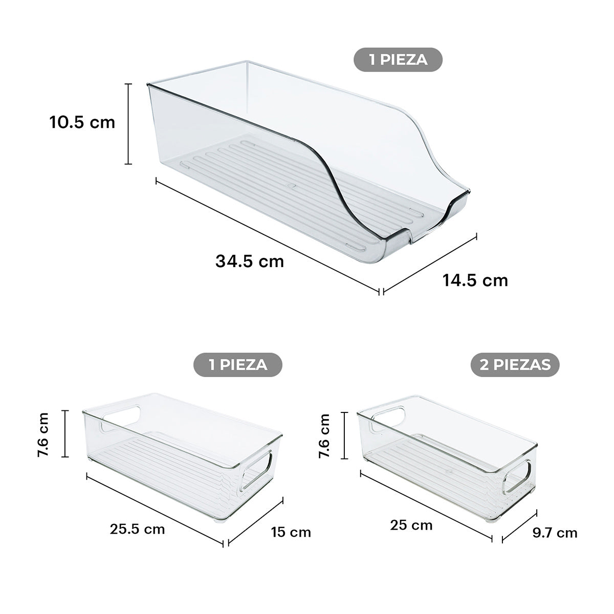 Infografia con las medidas de los 4 contenedores de acrilico un organizador de 34.5x14.5x10.5 cm uno de 25.5x15x7.6 cm y dos de 25x9.7x7.6 cm