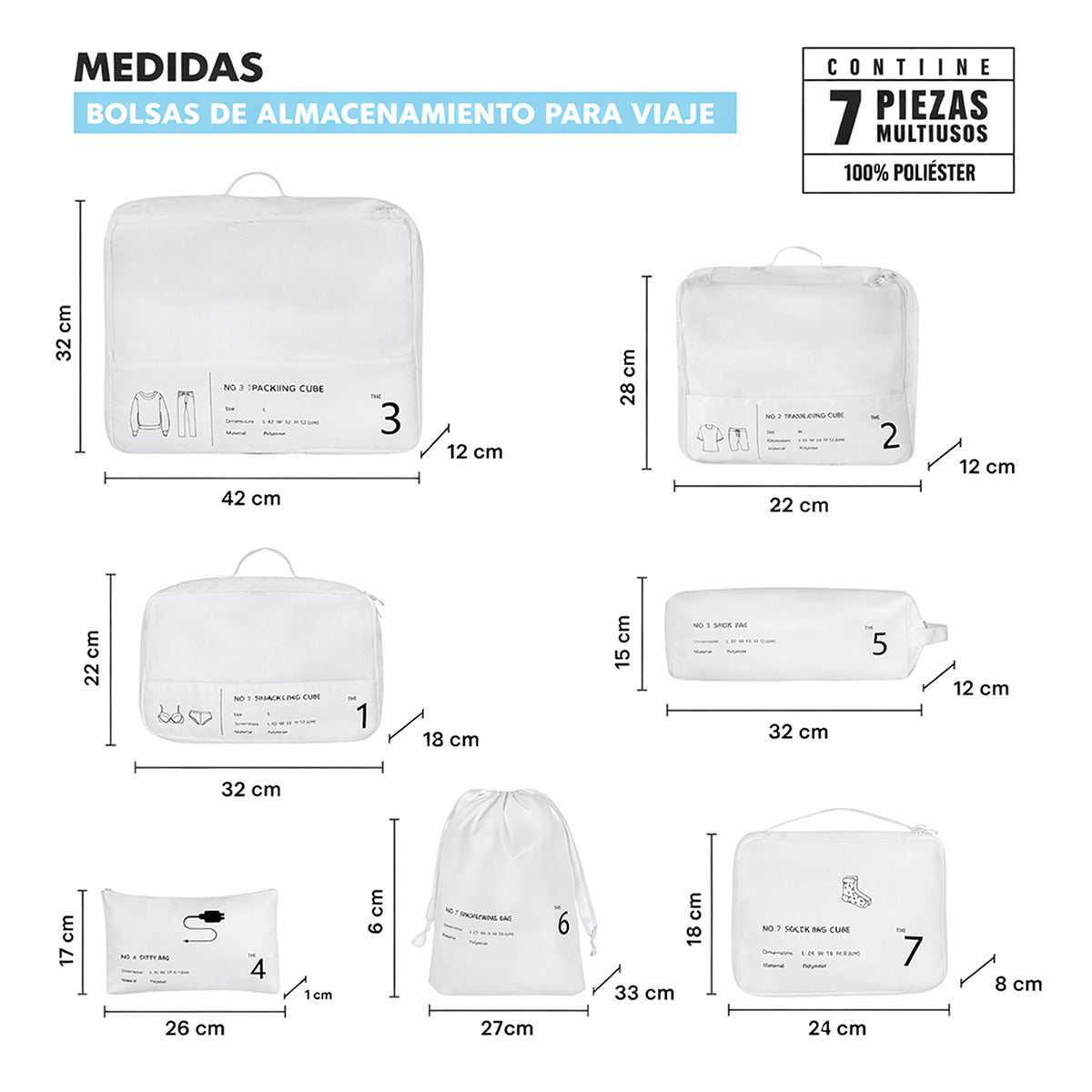 Infografia de medidas tecnicas de los 7 cubos de embalaje destacando las piezas 