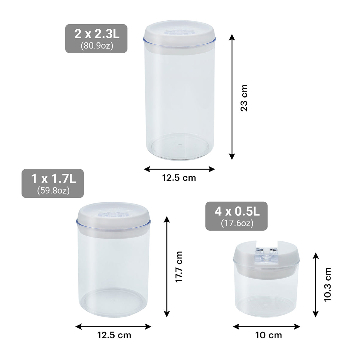 Infografia tecnica detallando las dimensiones de 2.3L, 1.7L y 0.5L de los 7 contenedores redondos del set de organizacion