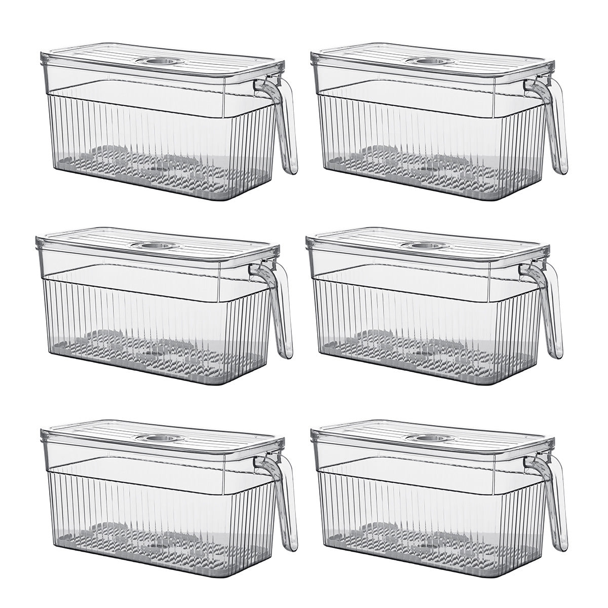 Modulo tecnico de 6 contenedores organizadores para refrigerador con tapa de polímero blanco sobre fondo neutro de AG Box