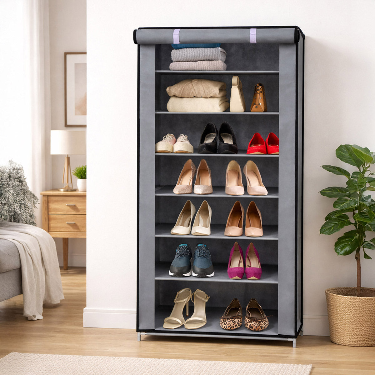 Organizador de calzado gris Oxford con multiples niveles de carga para ahorro de espacio