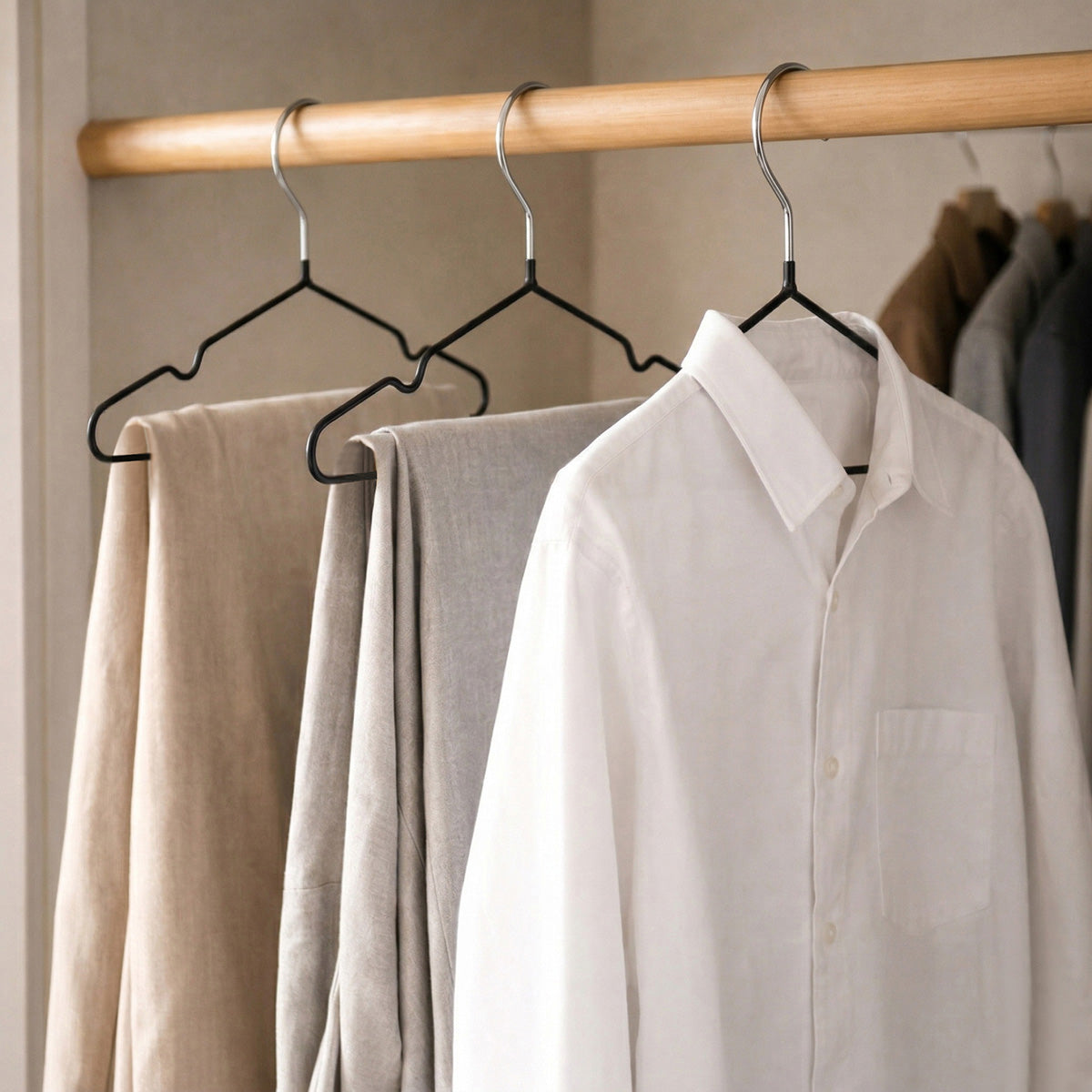 Organizador de closet con perchas metalicas negras sosteniendo abrigos y jeans pesados