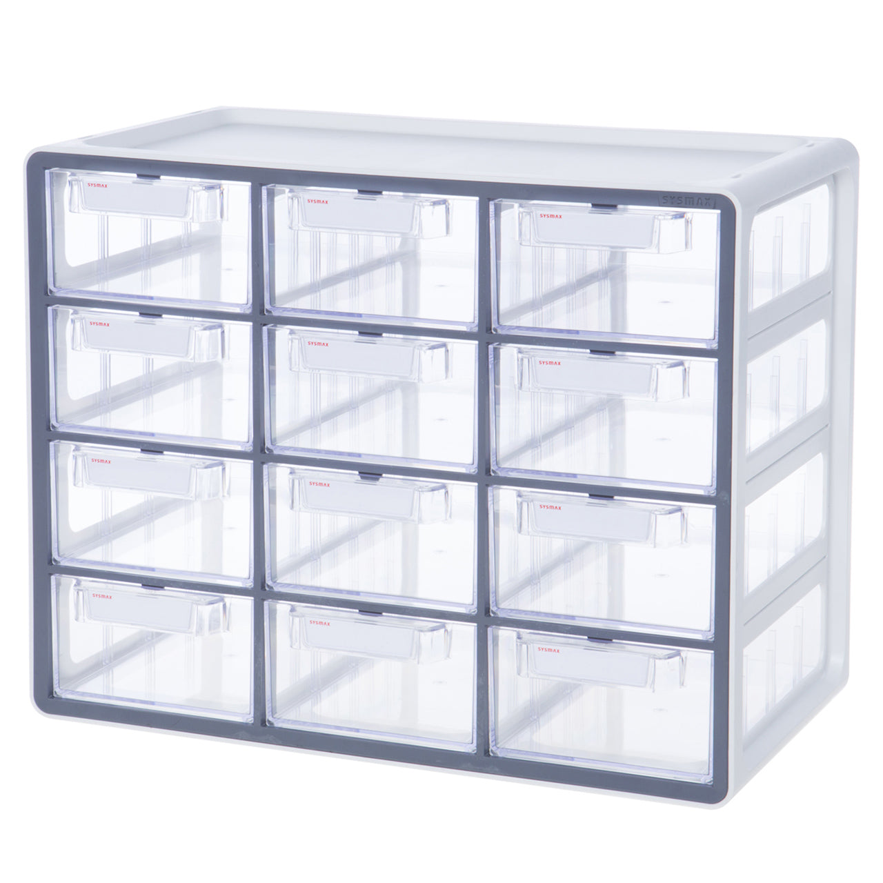 Organizador tecnico Multibox de 12 gavetas en color gris industrial de LITEM sobre fondo blanco, diseñado para la clasificacion de componentes y suministros profesionales