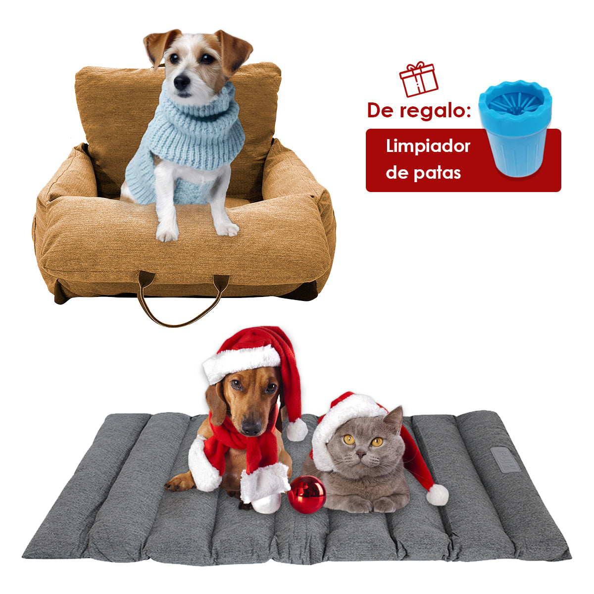Asiento de viaje deluxe, tapete enrollable y limpiador de patas para mascota. AG BOX