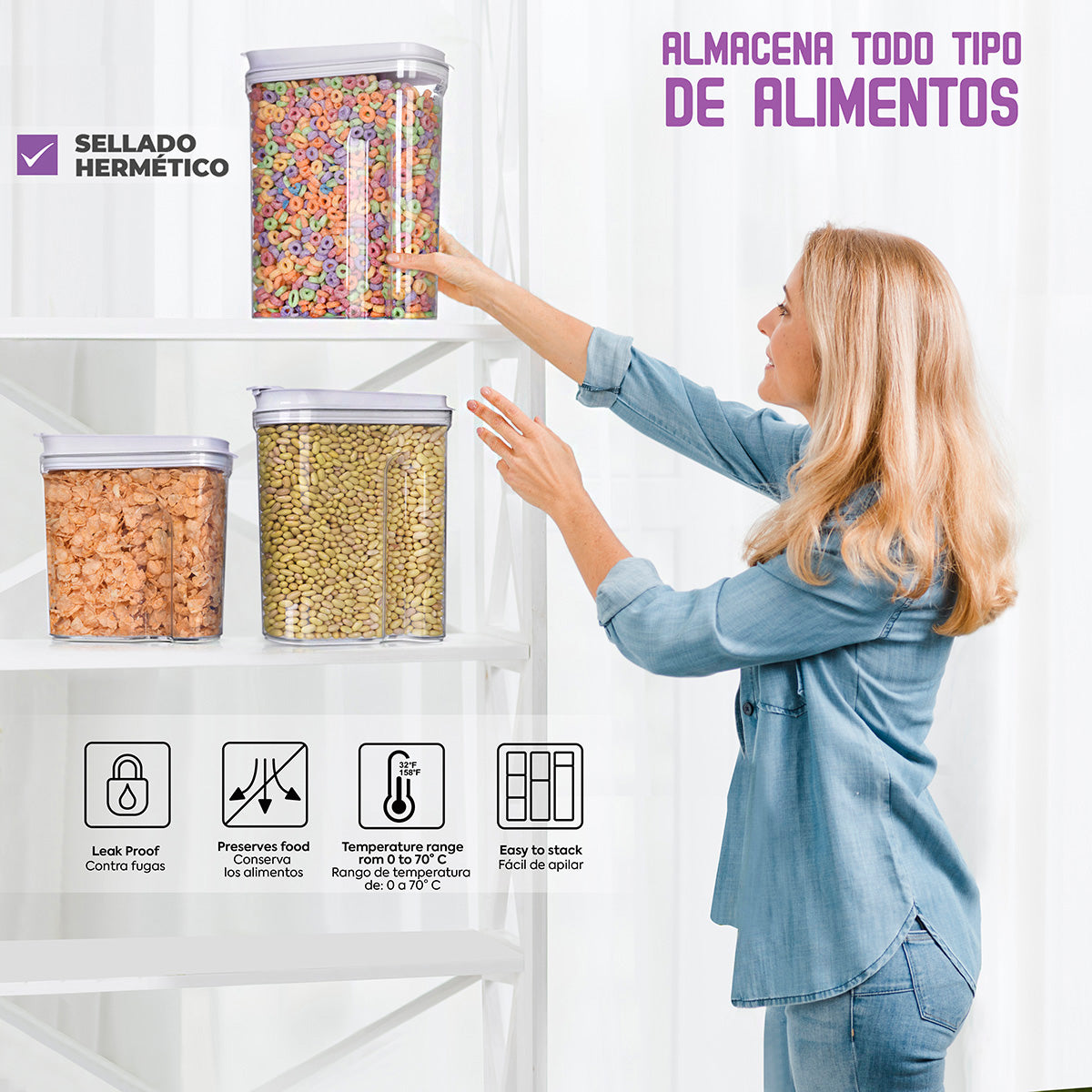 Primer plano detallado del mecanismo de bloqueo hermetico y el anillo de silicona de la tapa de los contenedores
