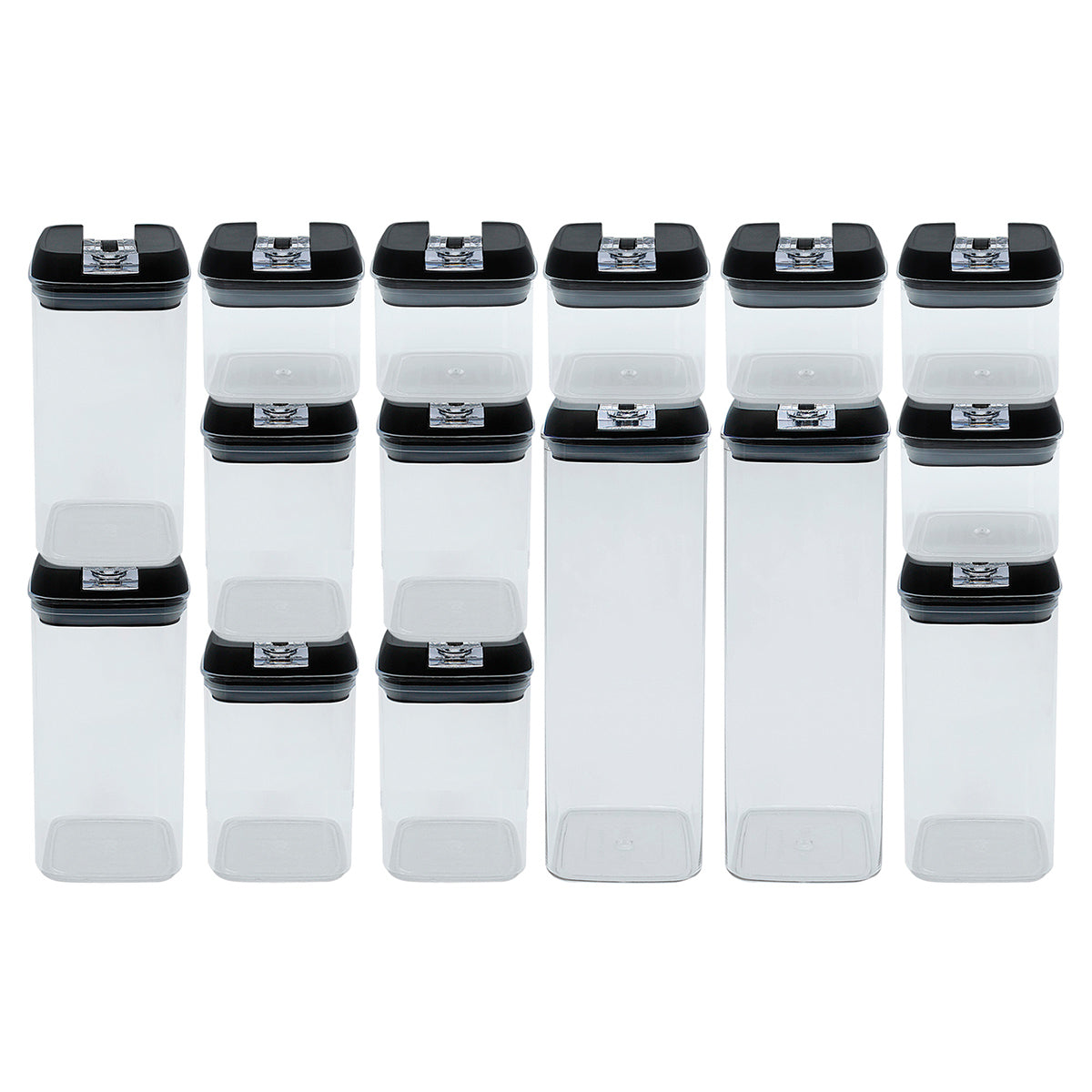 Set de 15 recipientes hermeticos para cocina con tapas negras y cuerpo transparente AG Box